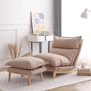 Juego de 2 sillas decorativas modernas con sillas otomanas acogedoras para sala de estar, respaldo ajustable, cómoda tela de algodón y lino, sillas perezosas color verde menta para decoración del