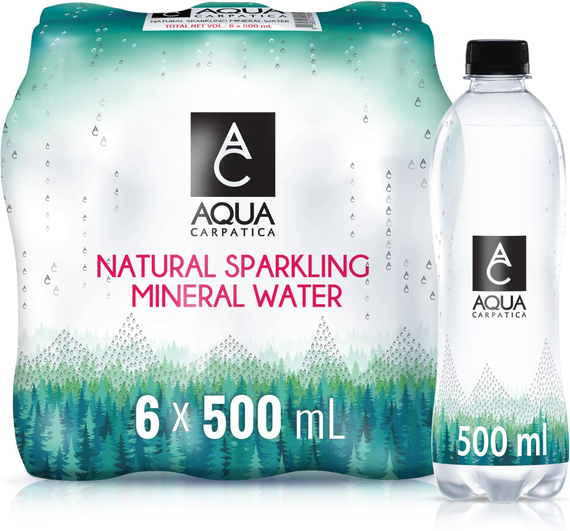 AQUA Carpatica 500ml x 6 - Pure Natural Sparkling Mineral Water for Optimal Hydration, Nitrate-Free, Abundant in Calcium & Magnesium, Naturally Alkaline, Enriched with Natural Electrolytes