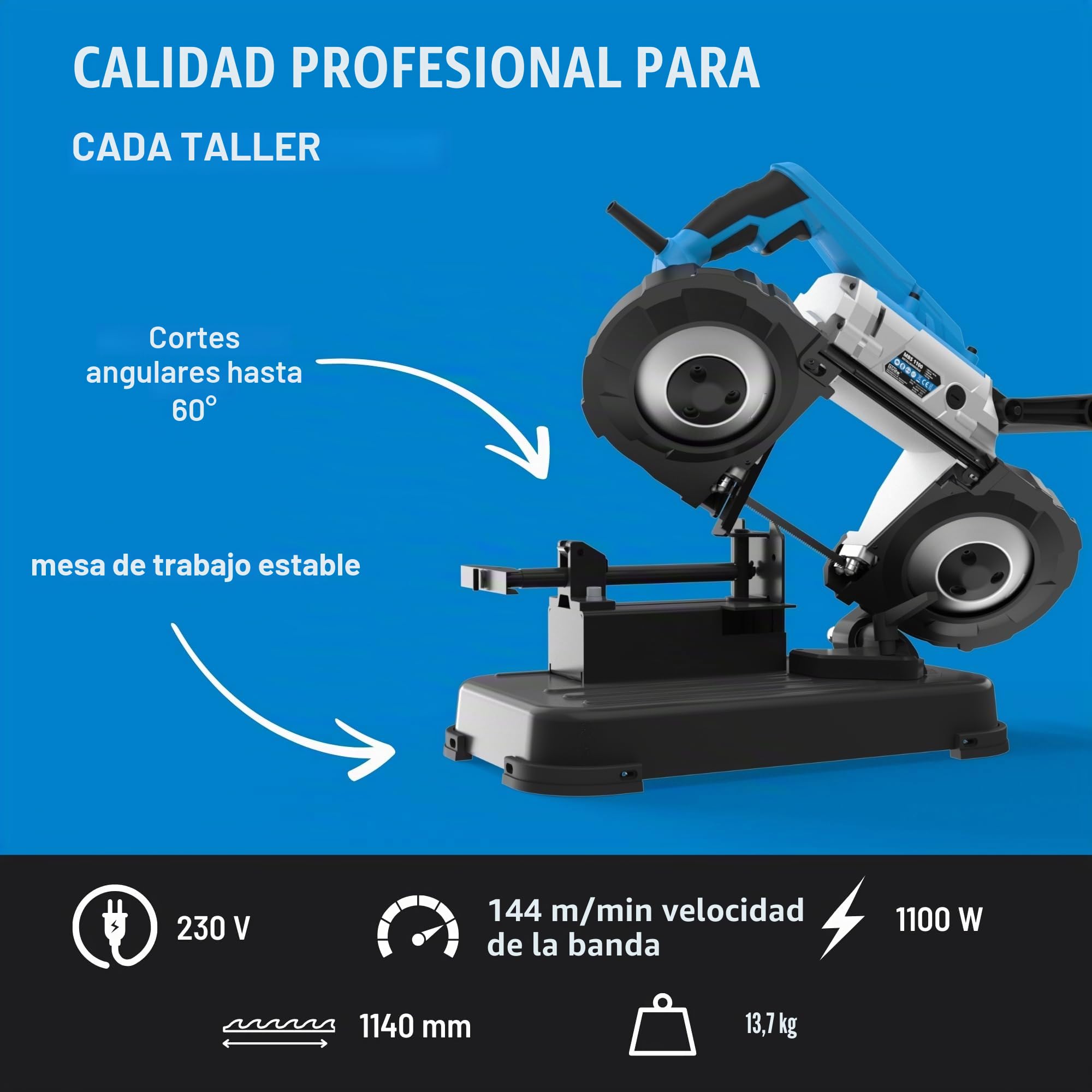 Güde Sierra de cinta metálica MBS 1100 (1100 W, mesa de trabajo extraíble (uso estacionario y móvil), velocidad de banda 144 m/min, 2 cintas de sierra 1140 mm, luz LED, potencia de corte