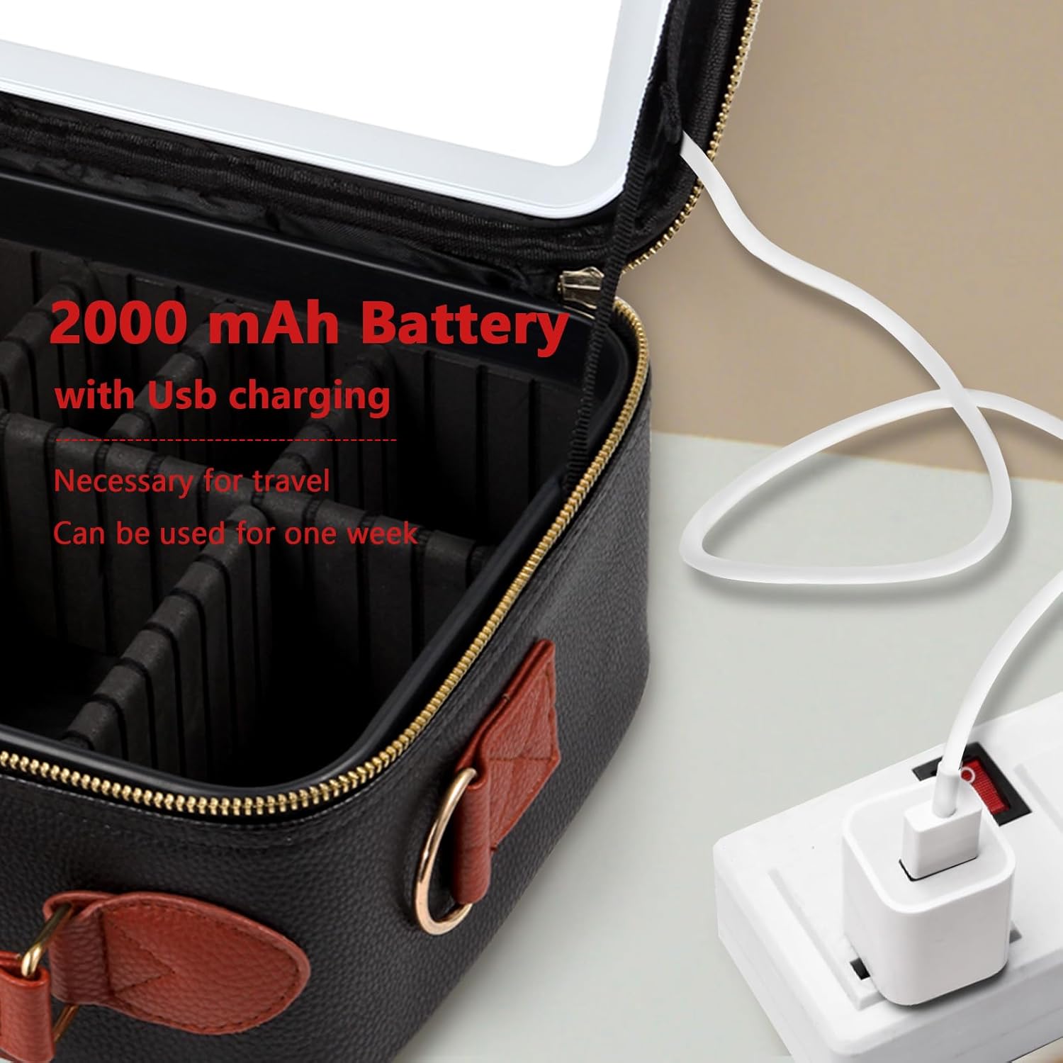 Travel Makeup Bag with Light Up Mirror, Portable Makeup Bag with Led Light Women Waterproof Makeup Travel Case adjustable dividers Rechargeable Vanity Mirror with 3 Color Lights (Black) - Image 6