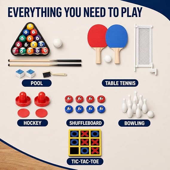 6 in 1 Multi Game Table Folding Pool Table, Billiard, Hockey, Table Tennis, Bowling, Shuffle Board and Tic Tac Toe with All Accessories