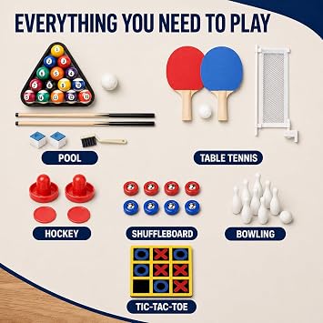 6 in 1 Multi Game Table Folding Pool Table, Billiard, Hockey, Table Tennis, Bowling, Shuffle Board and Tic Tac Toe with All Accessories