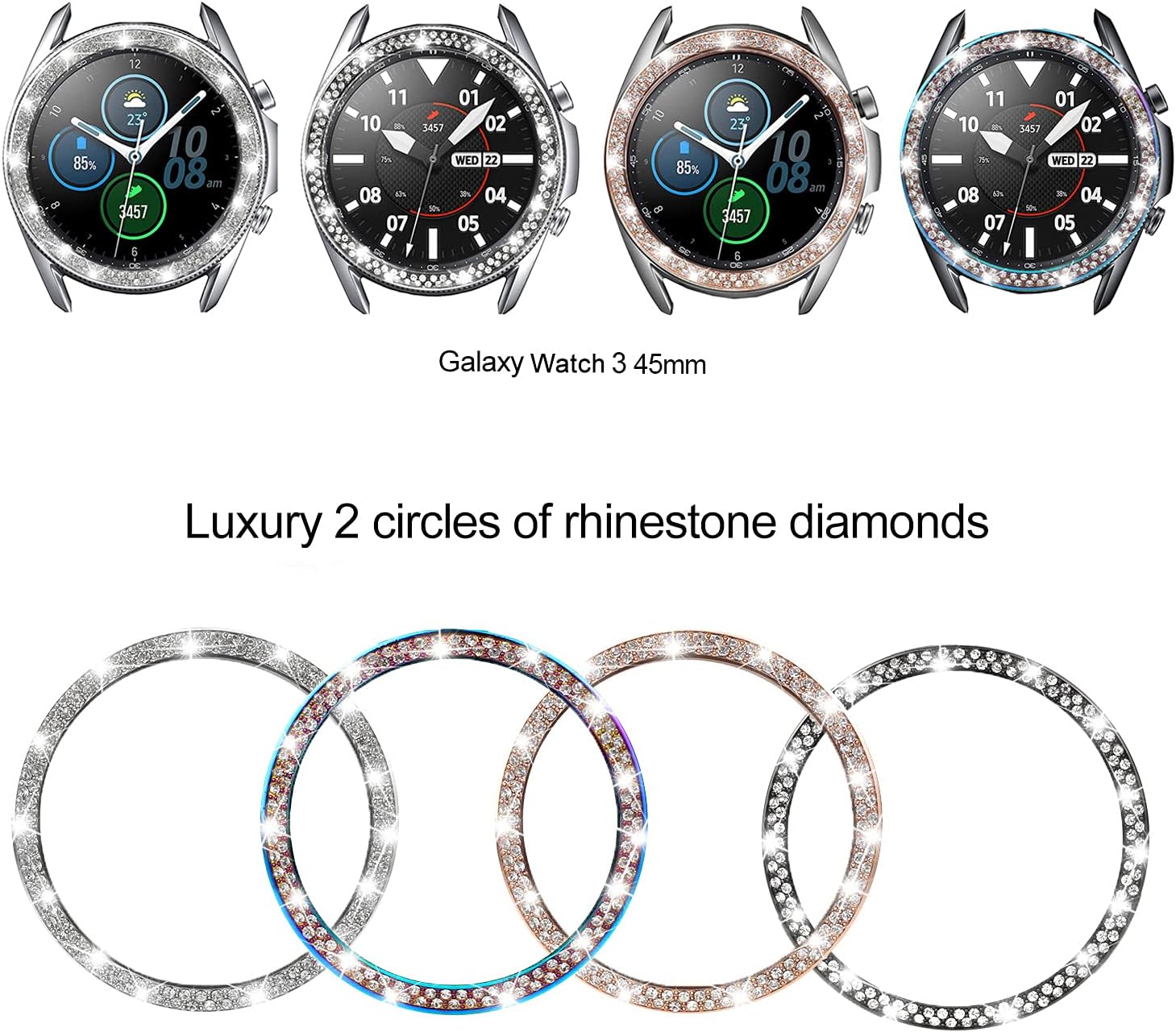 Bands Compatible with Samsung Galaxy Watch 3 (45mm), 22mm Full Rhinestone Diamond Stainless Metal Strap with Bezel Ring Cover Replacement for Women Men (Silver) - Image 3
