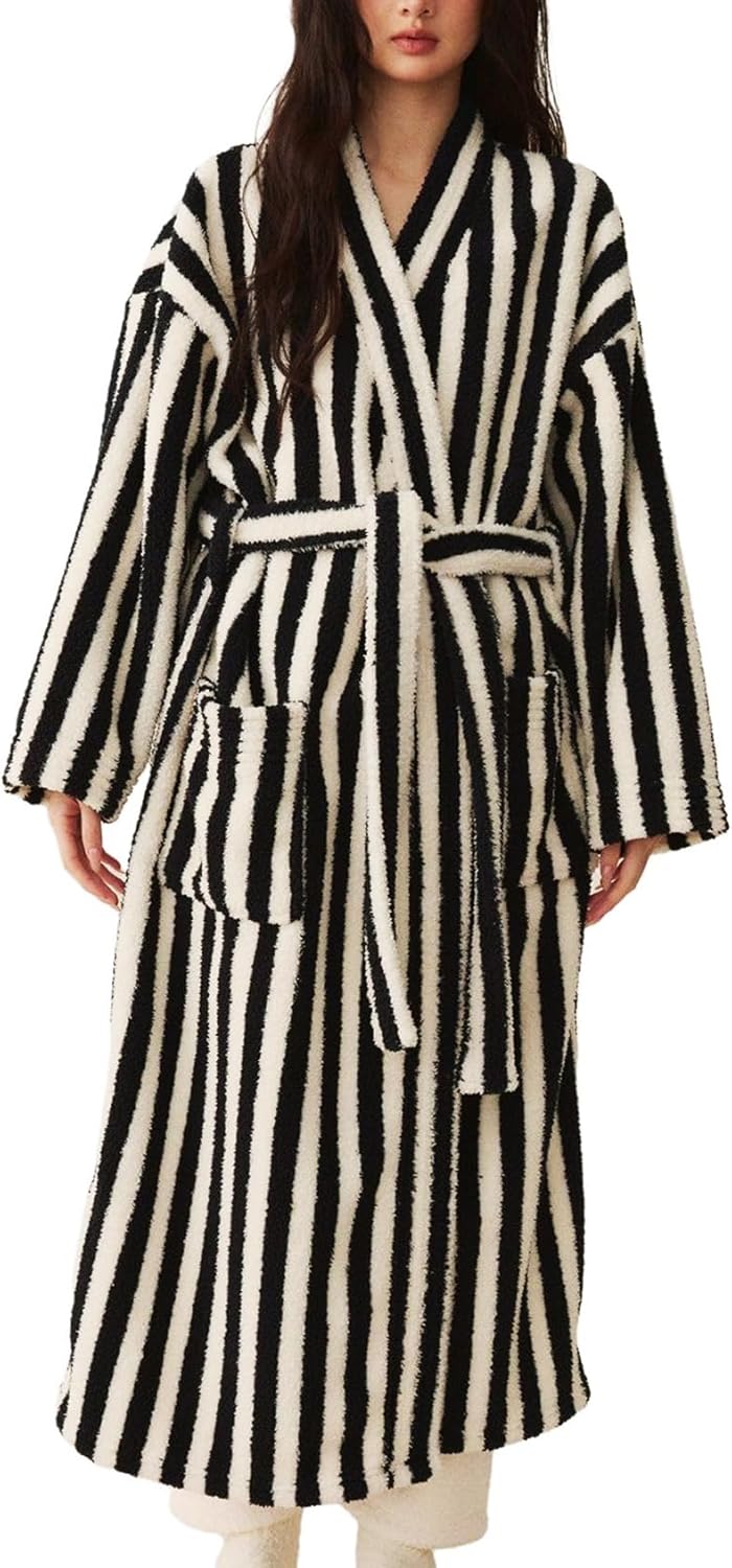 Arssm Womens Striped Fluffy Robe Long Plush Bathrobes Fuzzy Warm Cozy Thick Loungewear Maxi Robe