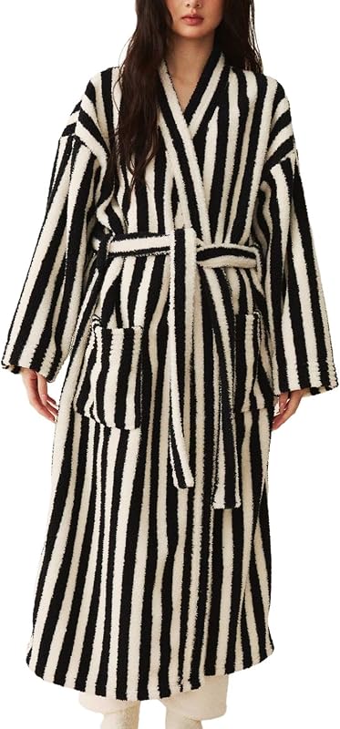 Womens Striped Robe Fluffy Long Maxi Fuzzy Bathrobes