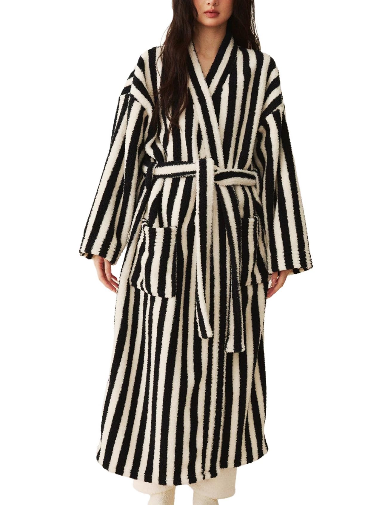Arssm Womens Striped Fluffy Robe Long Plush Fuzzy Warm Bathrobes