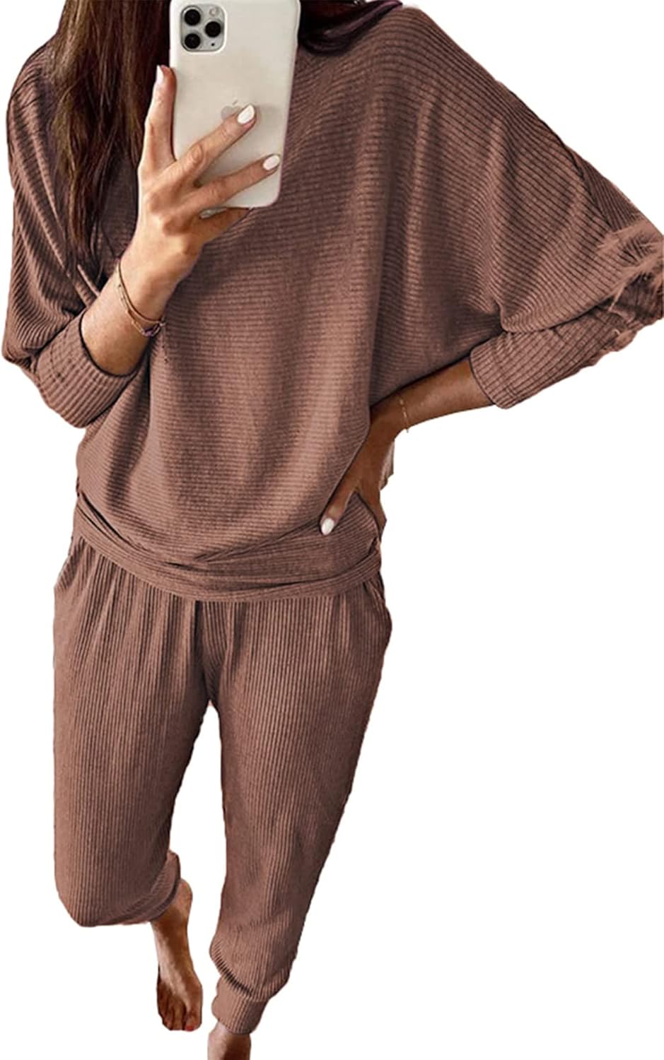 PRETTYGARDEN Women’s Spring Fall Fashion Outfits 2 Piece Sweatsuit Long Sleeve Pullover Long Pants Ribbed Matching Lounge Set