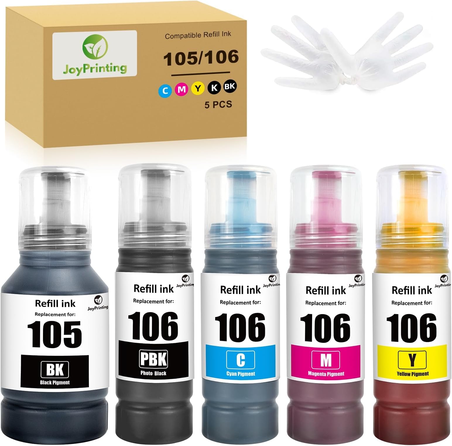 105 106 Ink Compatible with Epson 105 106 Ink Bottle Multipack Replacement for EP L-7160 L-7180 ET-7700 ET-7750 (5 Pack, Black/Photo Black/Cyan/Magenta/Yellow)
