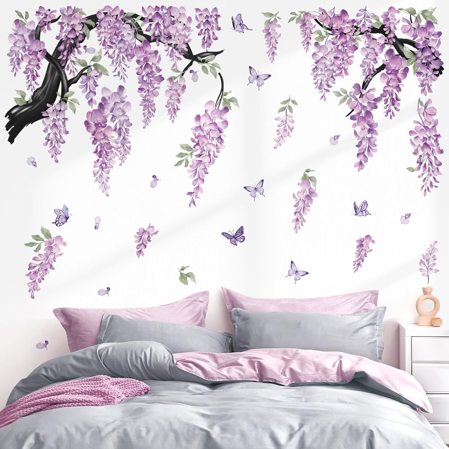 wondever Large Flower Tree Branch Wall Stickers Purple Hanging Vine Floral Butterflies Peel and Stick Wall Art Decals for Living Room Bedroom TV Wall