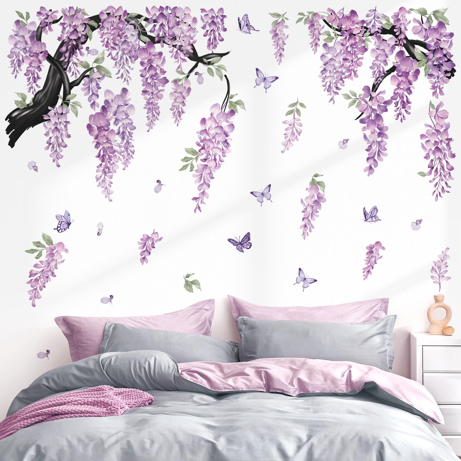 wondever Large Flower Tree Branch Wall Stickers Purple Hanging Vine Floral Butterflies Peel and Stick Wall Art Decals for Living Room Bedroom TV Wall - Image 2