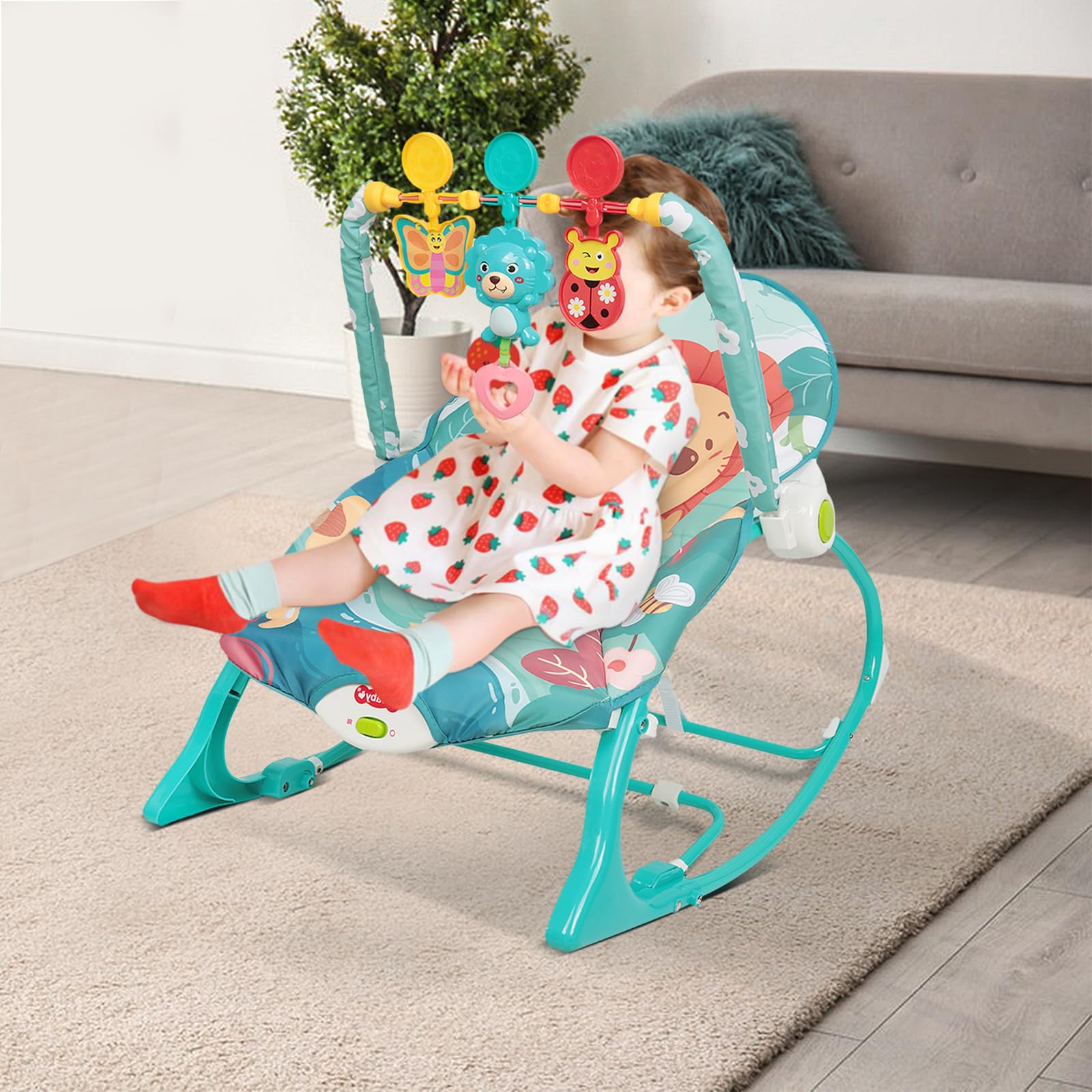 Transat Bébé Vibrations Apaisantes, Transat Evolutif et Siège Sauteur,3 Positions d'Inclinaison, Musique, 3 Points Harnais, 2 Jouets, Arche de Jeu, 0-6 Mois Jusqu'à 11 kg (bleu)