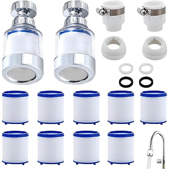 Pack of 14 Water Filter Tap 2 Pieces 360  Tap Filter + 9 Pieces PP Cotton Filter Element + 2 Pieces Universal Interface for Kitchen Sink Bathroom Water Filter for Tap