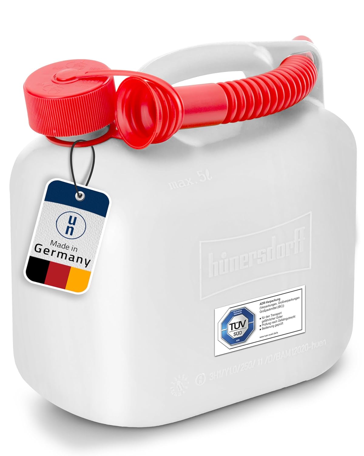 hünersdorff Kraftstoff-Kanister 811500 STANDARD 5l für Benzin, Diesel und andere Gefahrgüter, UN-Zulassung, made in Germany, TÜV-geprüfter Produktion, natur