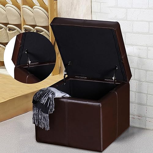 Miniatura 4 de Homebeez Taburete cuadrado otomano de almacenamiento de piel sintética (marrón rojizo)