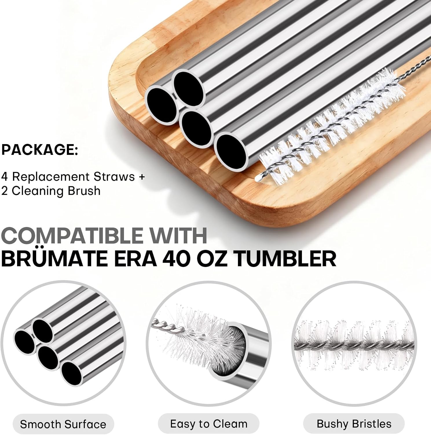 Roliwils 4 Pack Replacement Straws for Brumate Era 40oz Tumbler, Straw Kit with Cleaning Brushes | Reusable Stainless Steel Straw Set | Compatible With Brumate 40oz Tumblers - Image 5