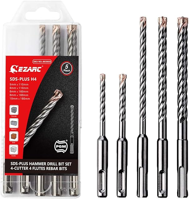 EZARC PGM Masonry Drill Bit Set SDS-Plus Hammer Drill Bits 4-Cutter Carbide Tips for Reinforced Concrete, Masonry, Marble, Brick and Tile (5 Pieces)