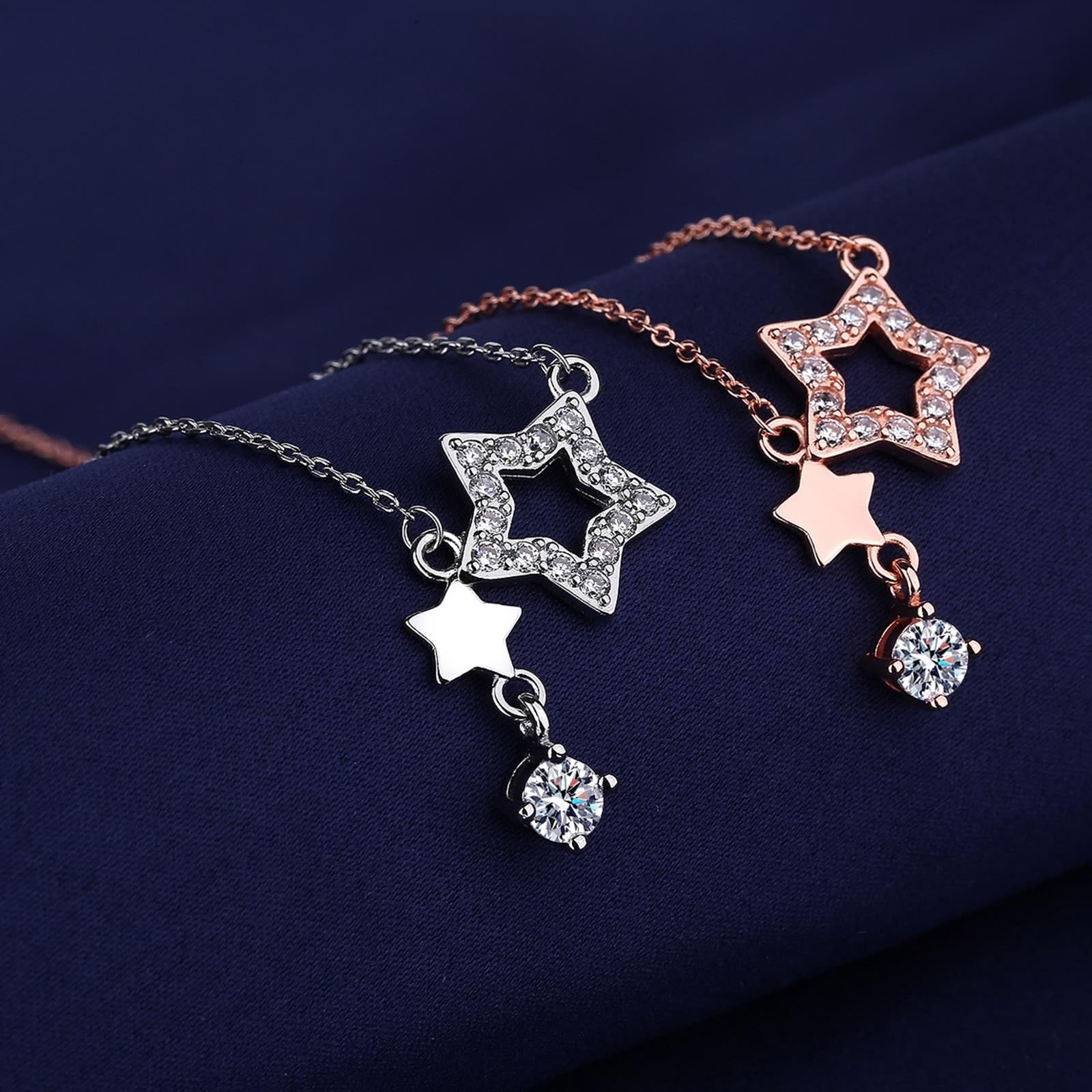 Daesar Łańcuszek z białego złota próby 585, naszyjnik damski 45 cm, zawieszka charms z gwiazdkami z diamentowym łańcuszkiem, białe złoto, biżuteria ślubna