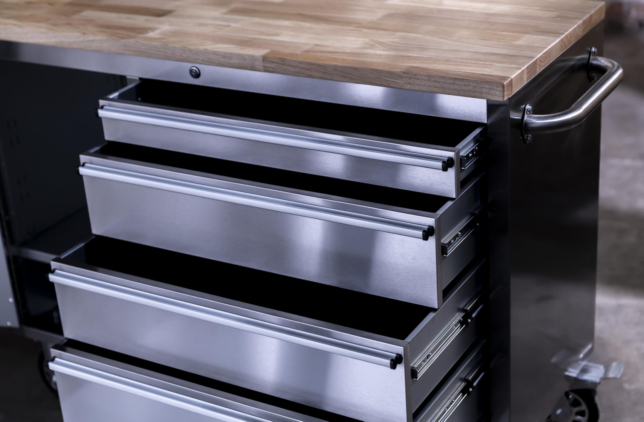 Ondis24 Carrello portautensili in acciaio inox con 4 cassetti scorrevoli e piano di lavoro in legno massiccio XL, ruote girevoli (grigio, 130 x 49 x 92)