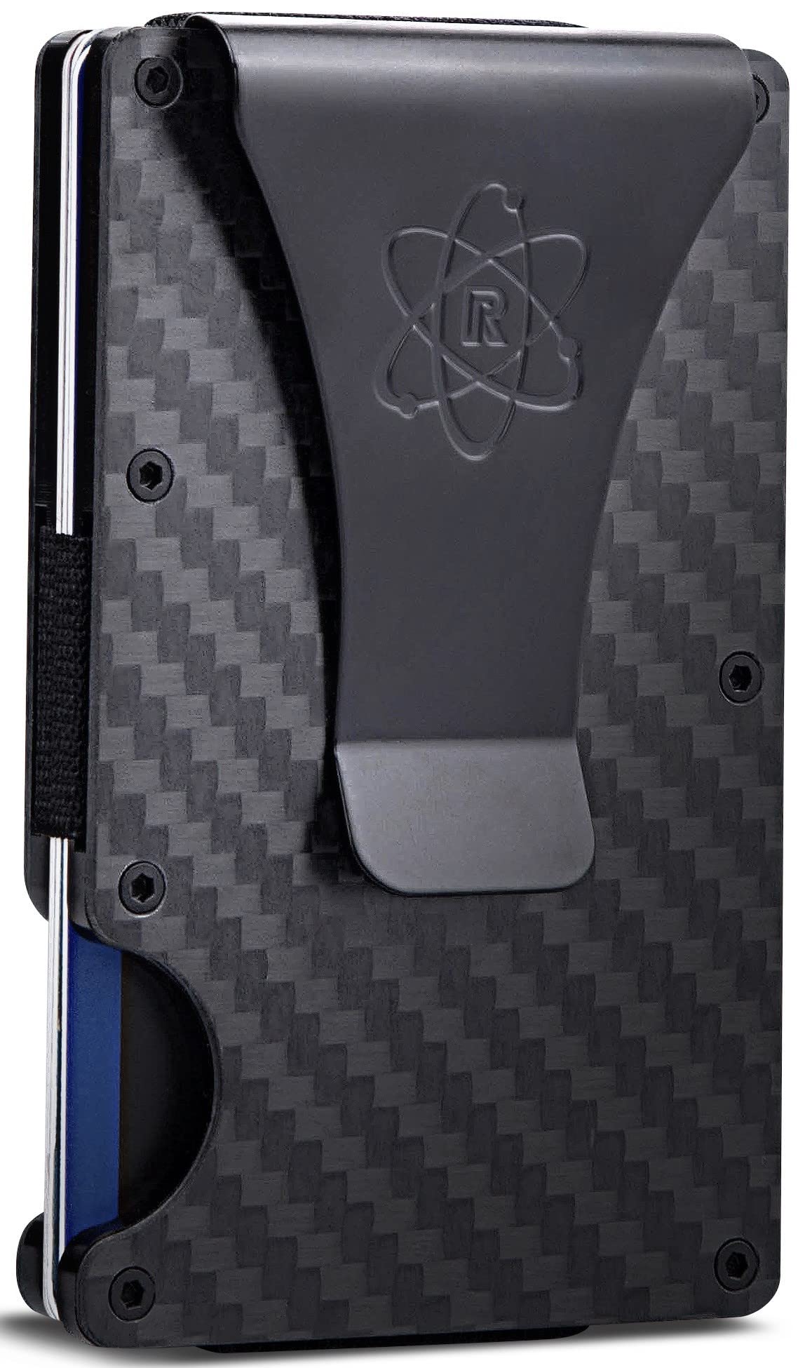 ROSSM Portafoglio da uomo minimalista con blocco RFID sottile - Portafoglio con tasca frontale sottile con cinturino in metallo e fermasoldi - Fibra di carbonio forgiata/Pacifico/AirTag