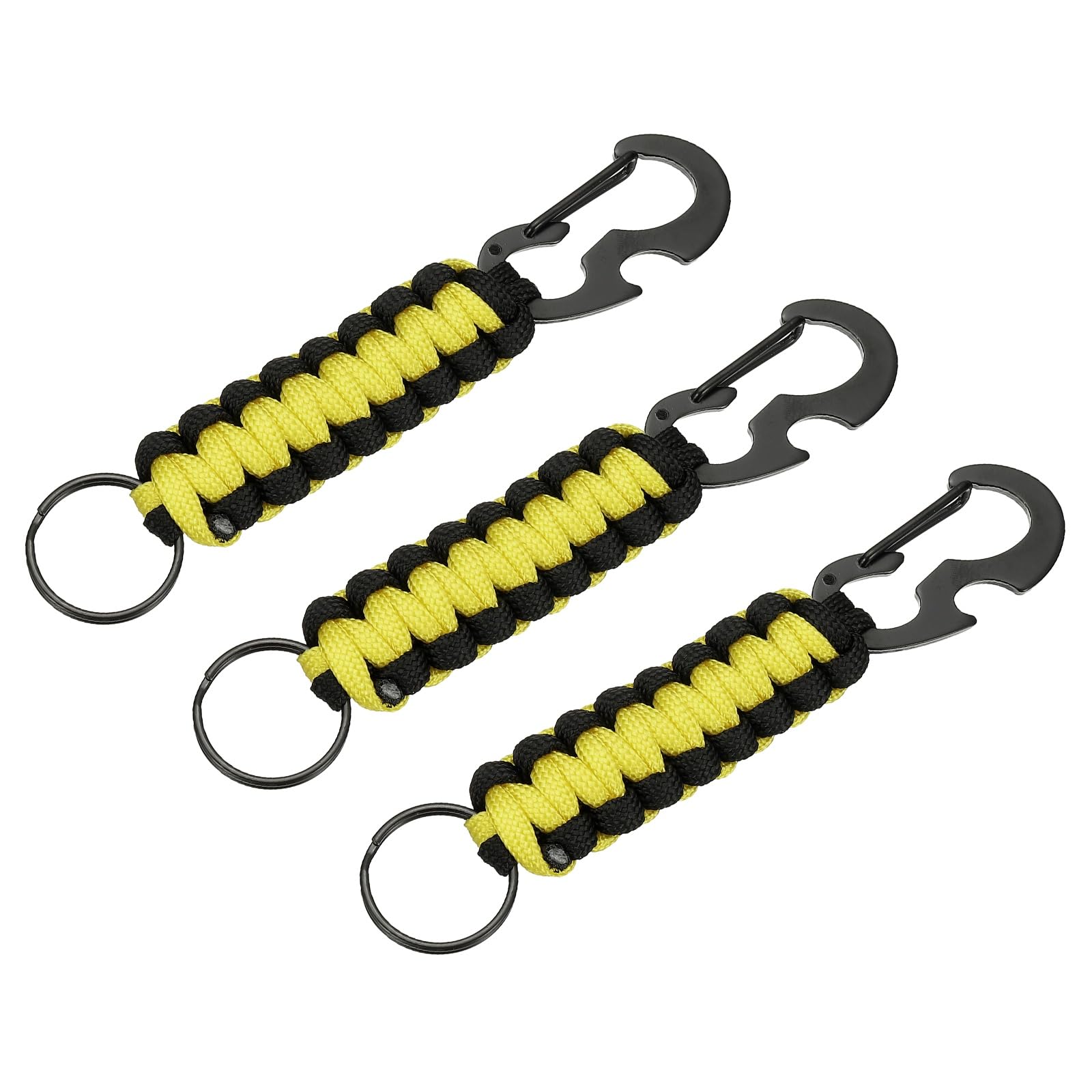 PATIKIL 3Pcs Heavy Duty Braided Paracord Keychain, Paracord Keychains Landyard Necklace with Bottle Opener D Hook Clip for Camping Hiking Outdoor Activities Key Ring, Yellow and Black