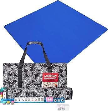 American Mahjong Game Set, 166 Quality White Tiles, 4 All-in-One Color Rack/Pushers, Mahongg Tile Set with Black Printed Carrying Bag and Mahjong Mat
