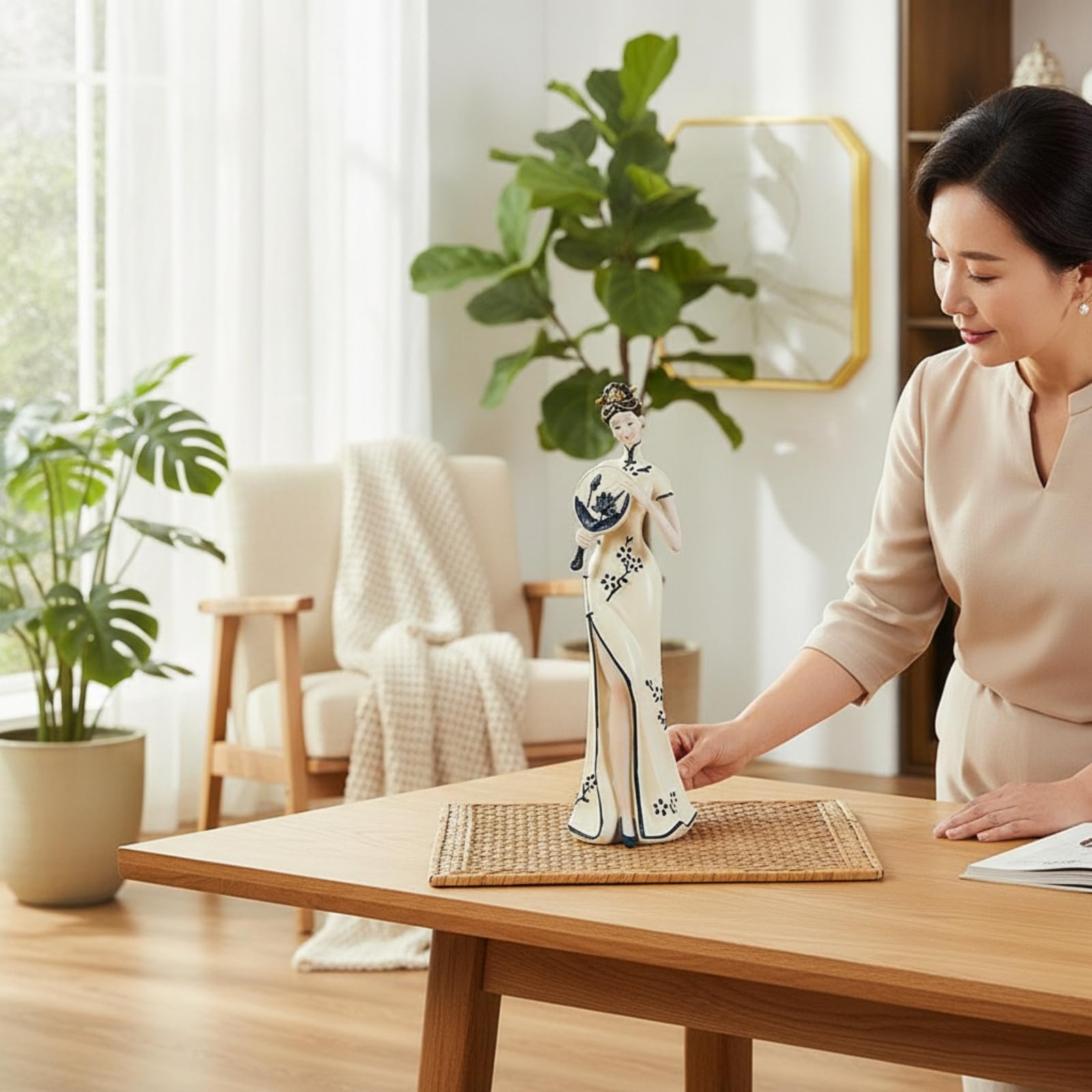 Colcolo Orchidee Figurine Chinesische Dame Statue Skulptur Wohnfigur Dekofigur aus Resin mit Glatter Und Modern Traditionsverbunden für Wohnzimmer, Damenfigur Mit Teetisch, Liegend, 18 cm Hoch