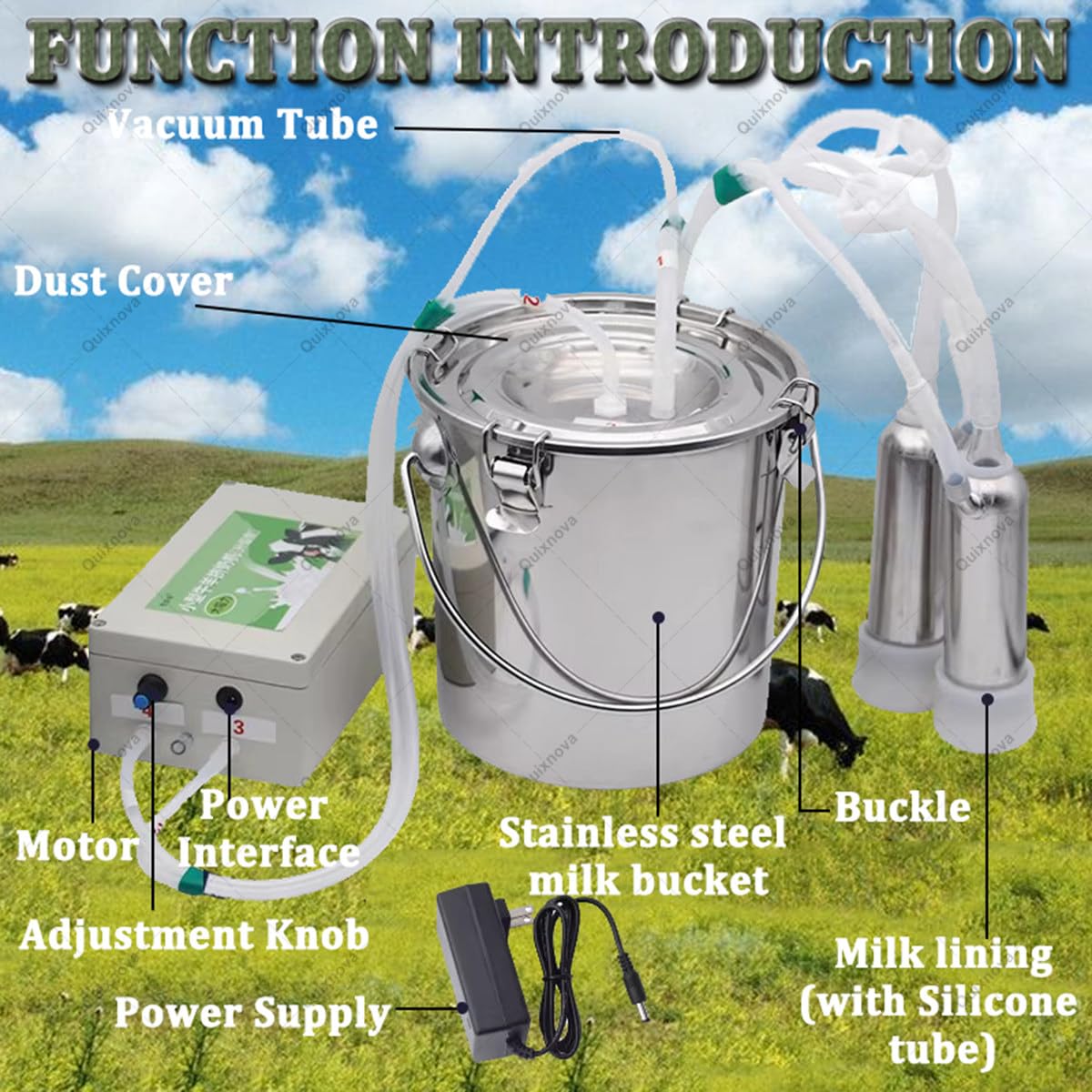 Mungitrice elettrica automatica portatile per capre, mucche e pecore – Attrezzatura a pulsazione sottovuoto con 2 tettarelle e secchio in acciaio inox (3L/5L) per piccole aziende agricole Goat-5L