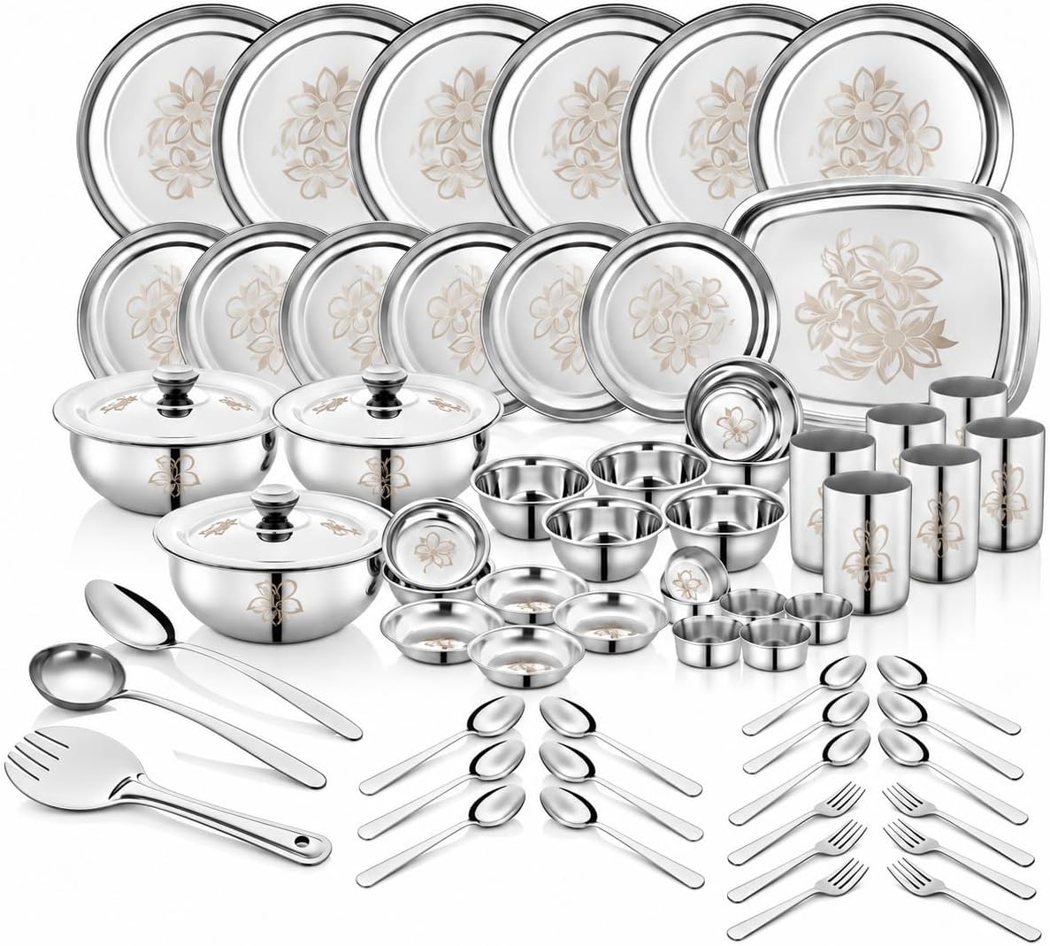 Classic Essentials Stainless Steel Dinner Set|Serves 6 People|Heavy Gauge|Kitchen Set|Permanent Laser-Glory, Set of 61