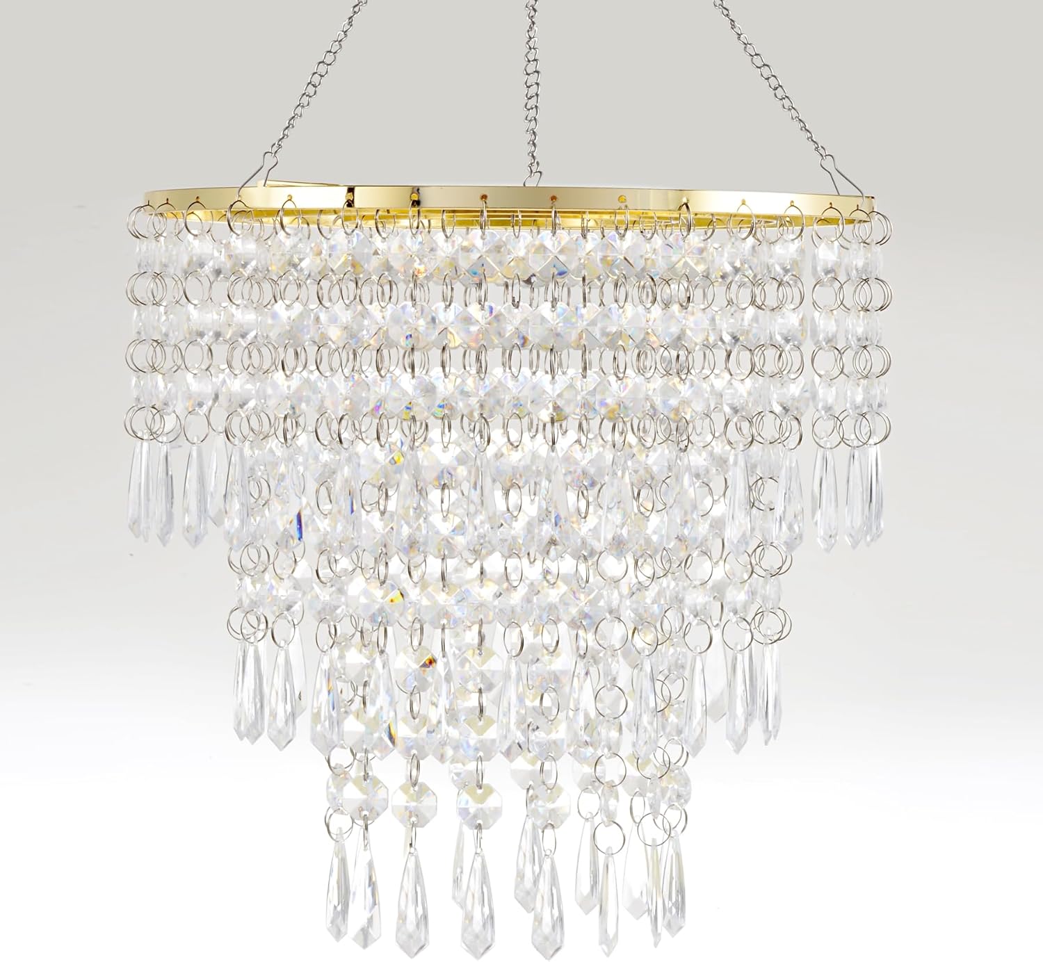 FlavorThings Gold Frame Plug in 3 Tiers Faux Crystal Acrylic Beaded Chandelier Ceiling Pendant Light with Clear Acrylic Jewel Droplets with ON/Off Switch and 16.4ft Clear Hanging Cord