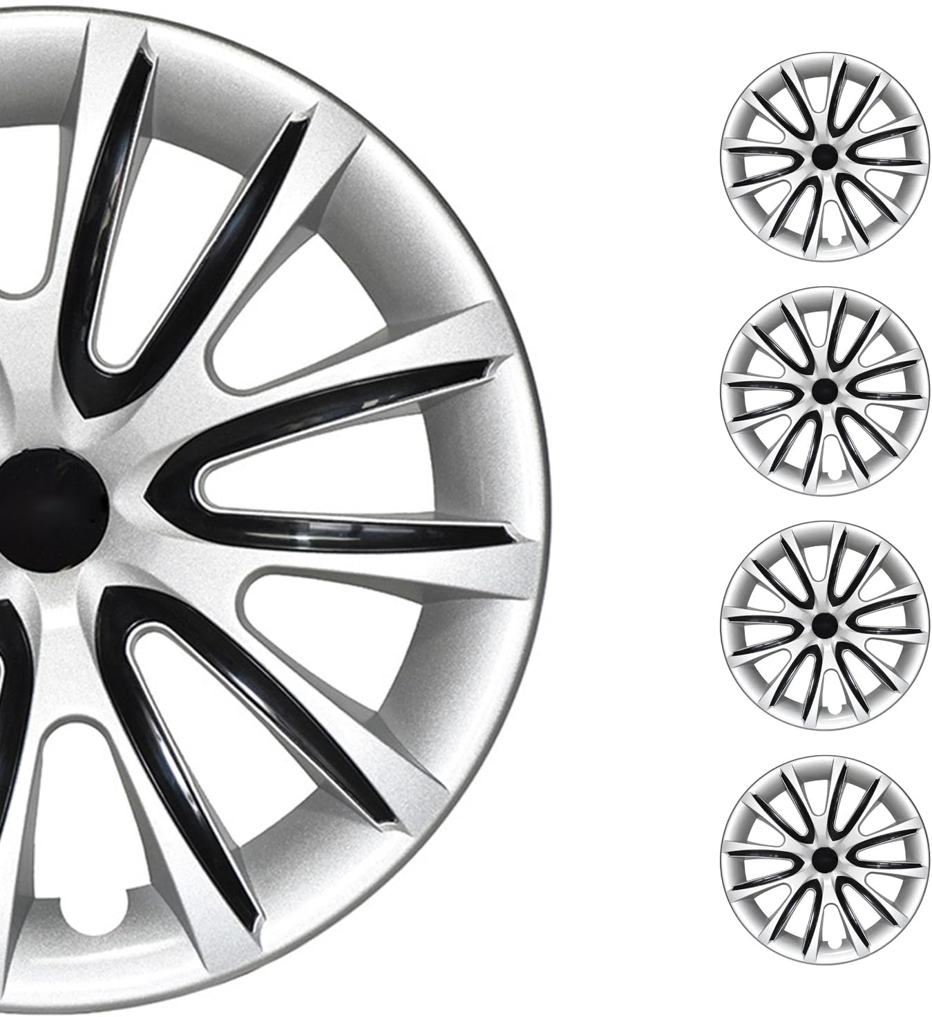 OMAC - Gray with Black Hub Caps 14 Inch Set of 4, Tapas para Rines 14, Premium Wheel Covers 14 Inch, R14 Rim Cover Set, Snap On Durable Car Replacement Exterior Accessories