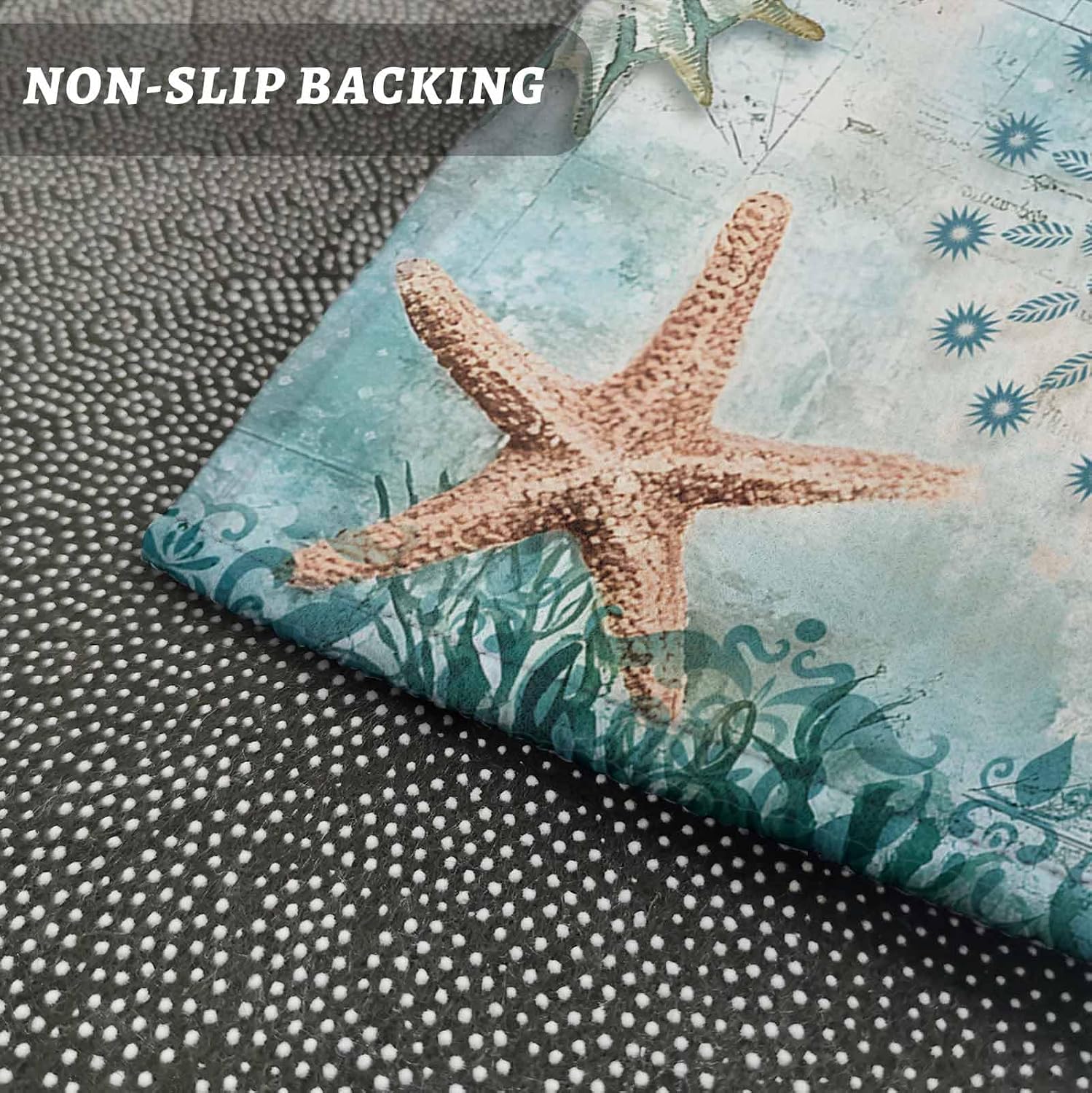 Teamery Kitchen Mats for Floor Coastal Crabs Starfish Waterweed Washable Non Slip Kitchen Rugs 1PCS, Summer Marine Life Absorbent Standing Mats for Sink Bathroom Office Living Room 23.6x70.9in