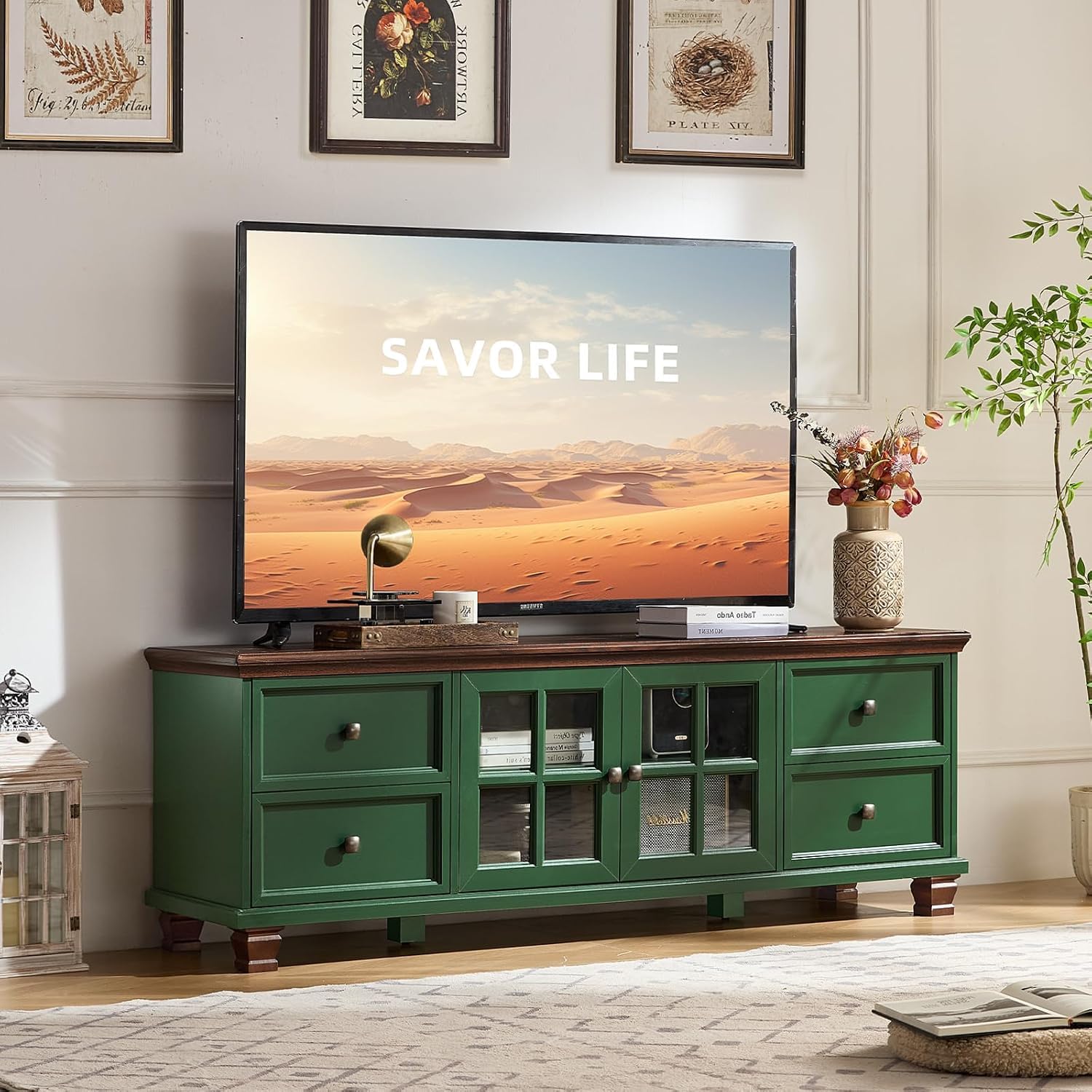 Farmhouse TV Stands for Living Room, Green | Heavy-Duty Rustic Entertainment Center with 4 Drawers & Thickened Top & Square Wooden Legs for 65 Inch TV-image-7