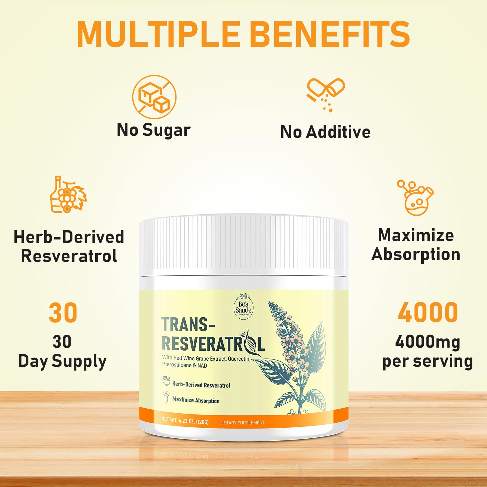 Trans-Resveratrol Powder 3000mg, High Potency Resveratrol Supplement with Quercetin, Pterostilbene, NAD & Red Wine Grape Extract, Antioxidant Blend for Cellular Wellness & Longevity, 30 Servings — Amazon image 2