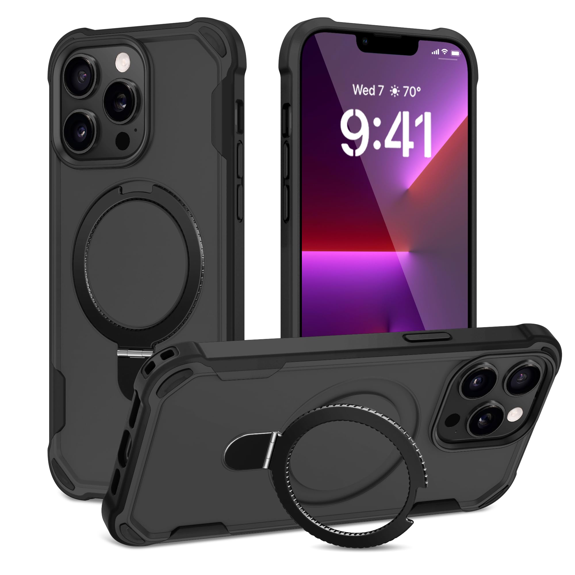 Fingic for iPhone 13 Pro Max Case & iPhone 12 Pro Max Case Compatible with Mag-Safe with Invisible Magnetic O-Ring Stand Military Grade Drop