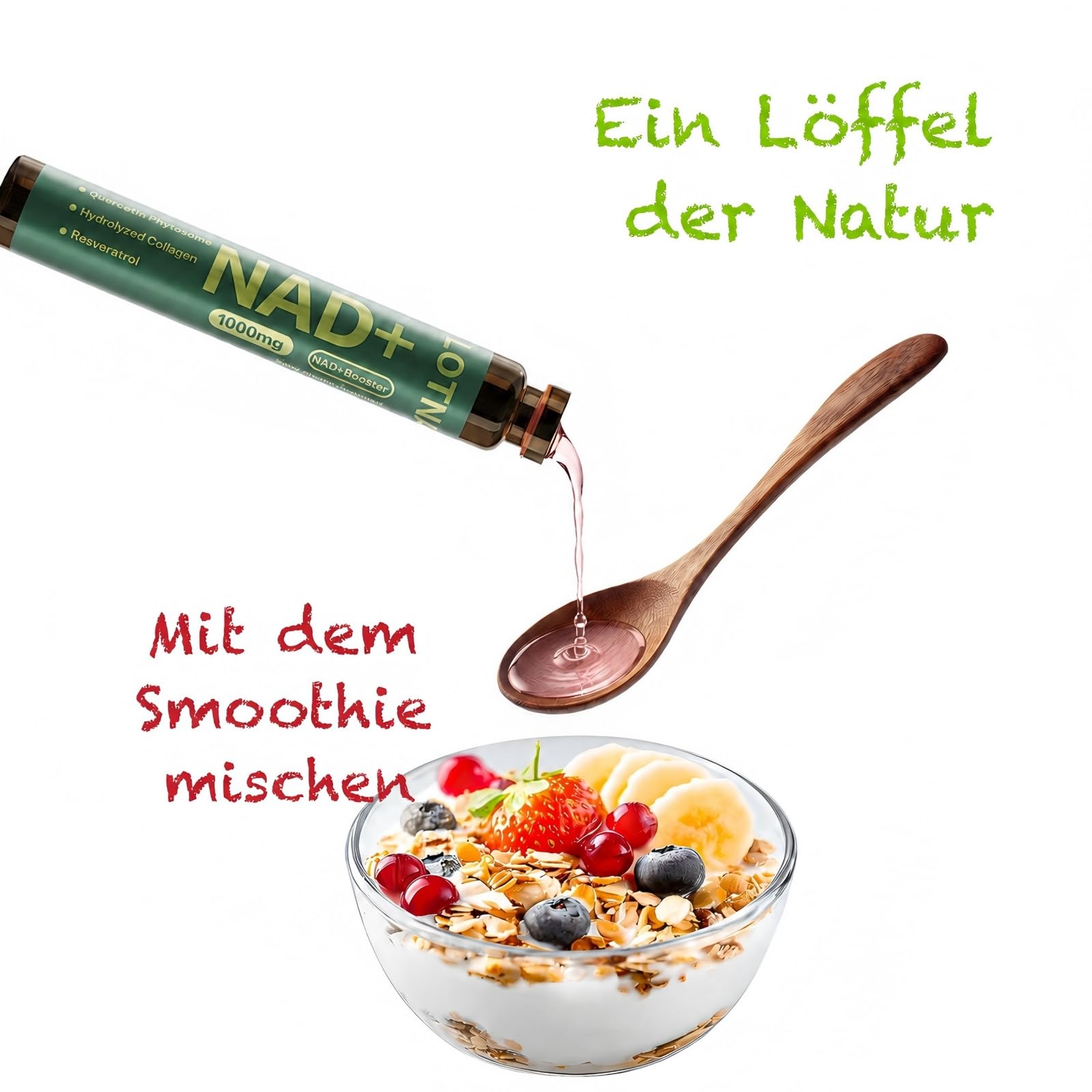NAD+ Zellregeneration 1000mg – Flüssigkeit NAD Nahrungsergänzungsmittel für Anti-Aging, DNA-Reparatur & Energie – NAD+ Booster mit Resveratrol, Kollagen & Quercetin – 10 Trinkampullen