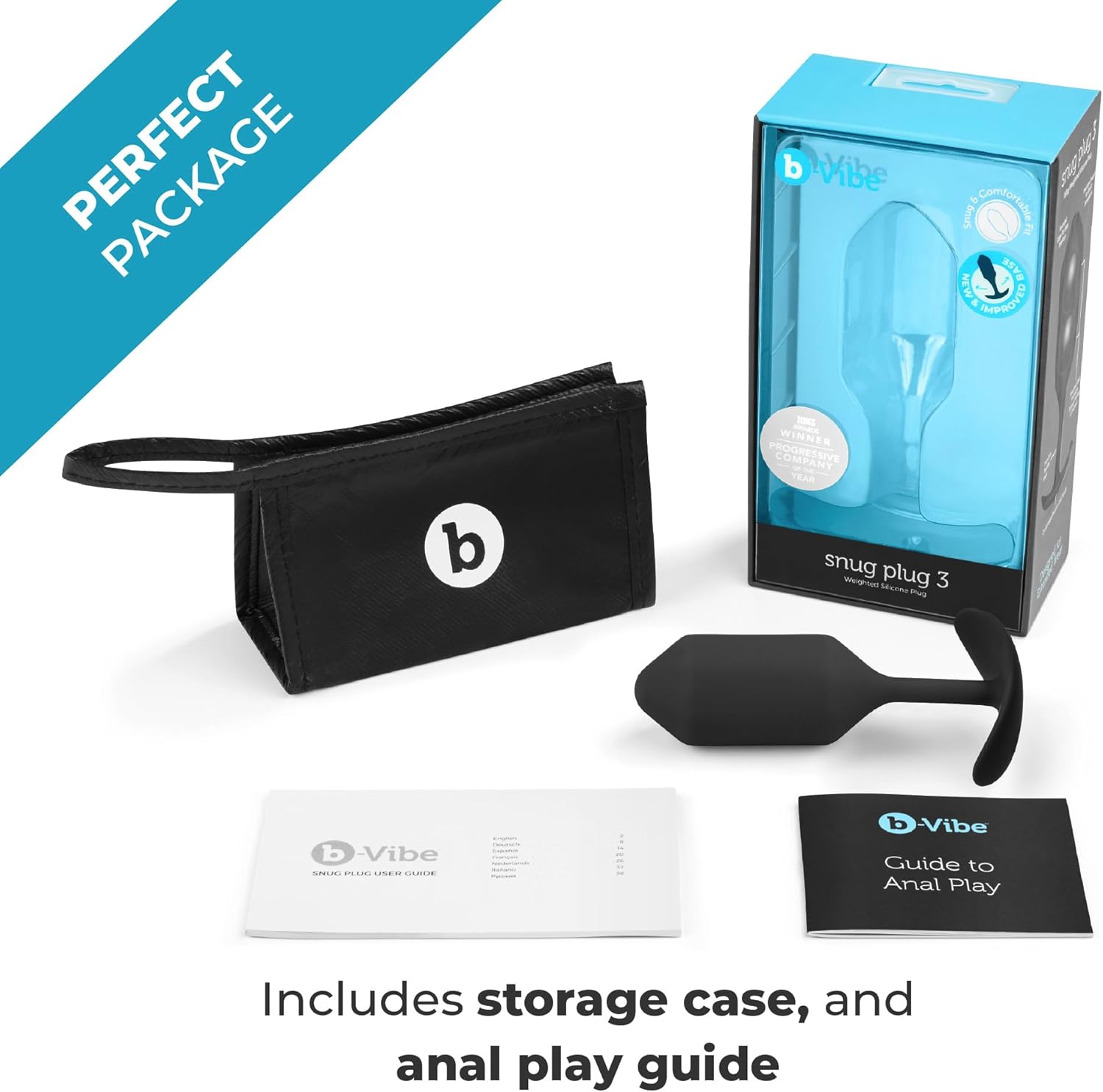 b-Vibe Snug Plug 3, Weighted Silicone Butt Plug, Intermediate Anal Plugs - Sex Toys for Adults, 180g (Black)