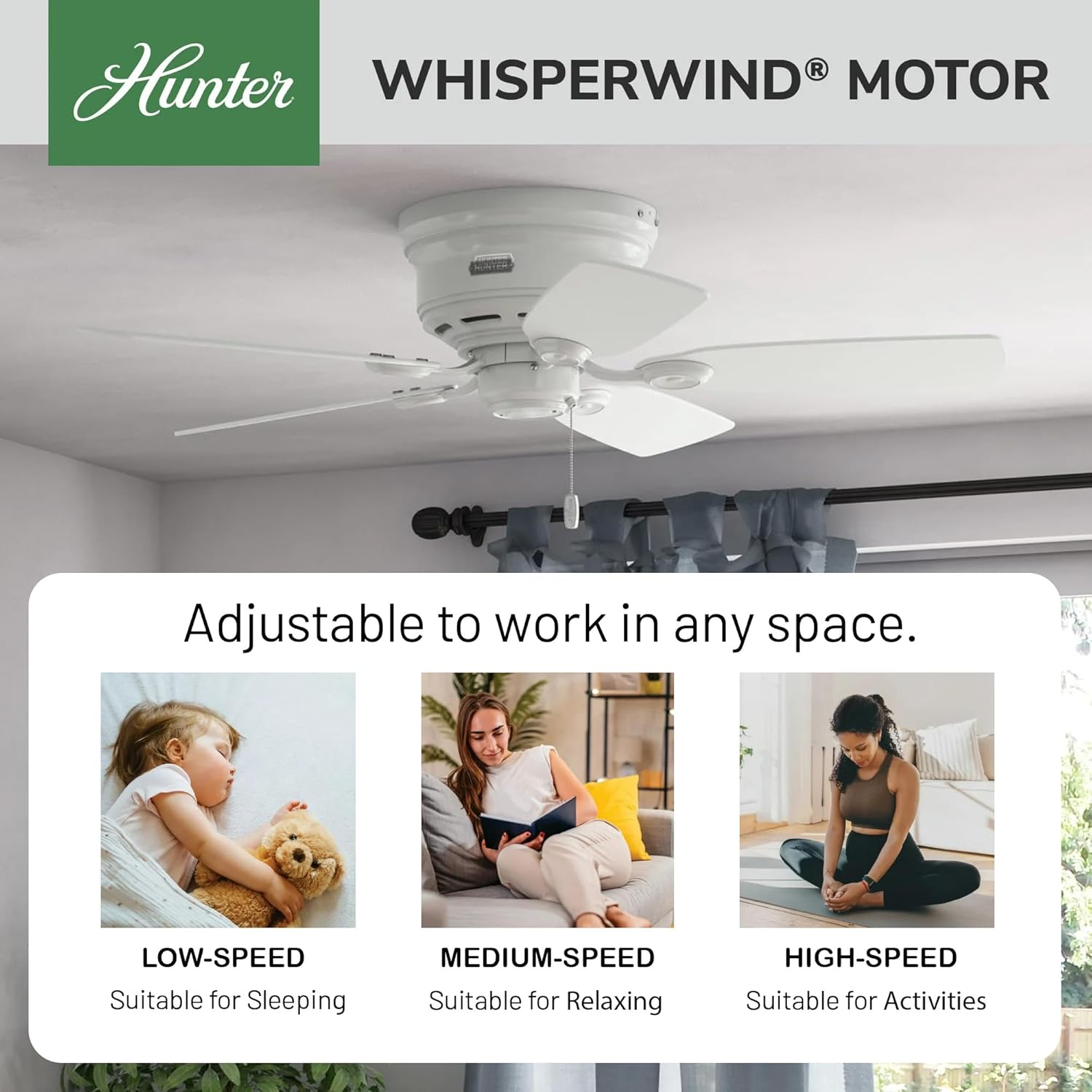 Hunter Fan 42in White Finish Low Profile Ceiling Fan with 5 White Blades (Renewed)
