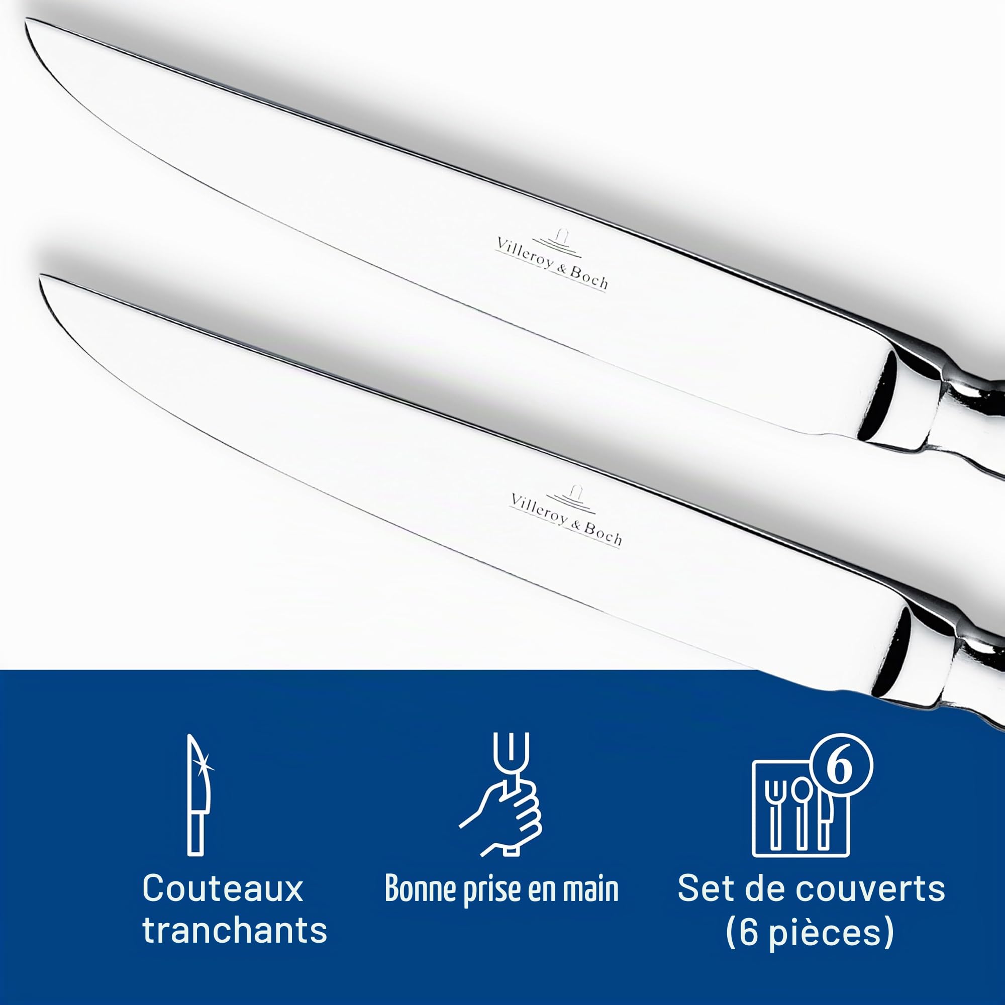 Villeroy & Boch - Oscar Couteau à Steak 6 Pièces Argent, Garanti Lave-Vaisselle, Couverts de Table, Couteaux à Steak Platine, Menagere, Ensemble Couvert, Set de Couverts de Table, Acier Inoxydable