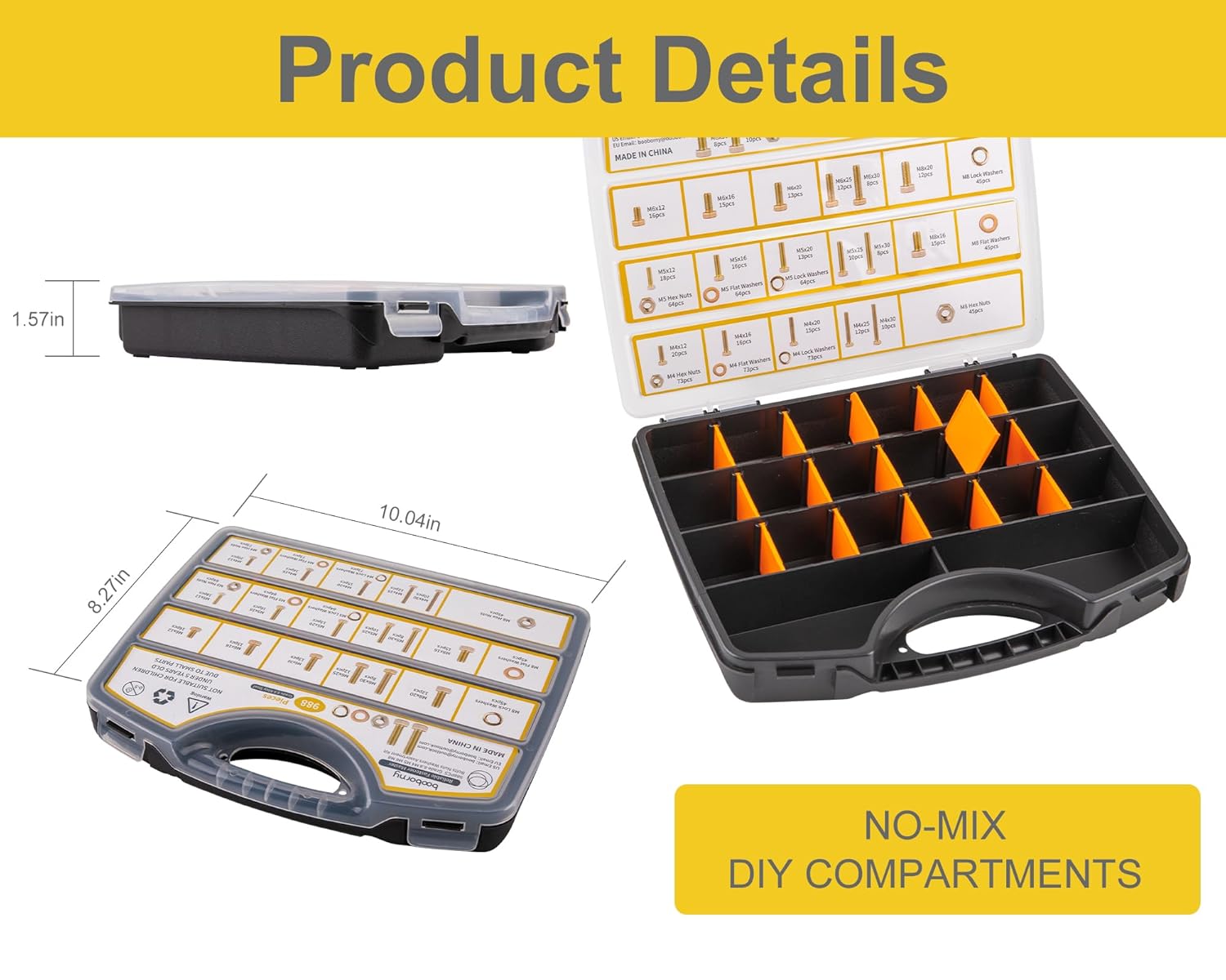 988pcs Grade 8.8 Metric Bolt Assortment, M4 M5 M6 M8 Heavy Duty Bolts and Nuts Kit, Yellow Zinc Plated, Length from 12-30mm