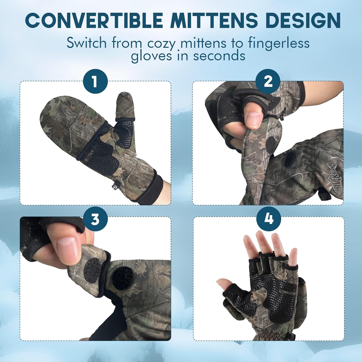 Riverruns Winter Fishing Gloves Convertible Mittens and Fingerless Gloves for Men Women, Ideal for Ice Fishing, Photography, Hunting, Outdoor Use - Image 4