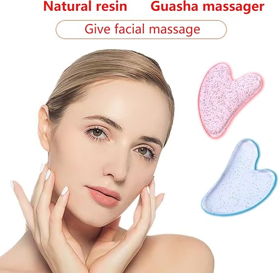 Gua Sha Facial Tools, Guasha Board for Spa Women Body Skin Care Reduce MuscleTensions,Guasha Tool for Fac,Guasha Resin Heart Shaped Tool,Gua Sha Tools for Gifts or Personal Use 2Pcs Pink and Blue