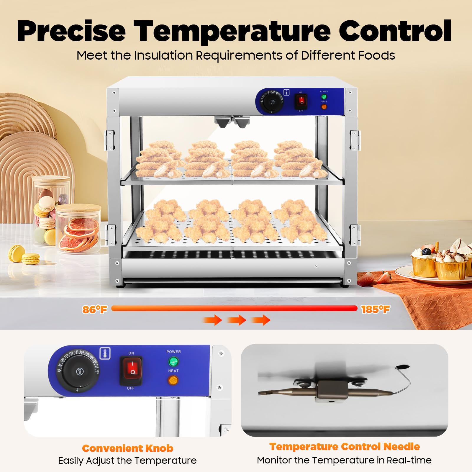 Vetrina calda a 2 ripiani, per scaldavivande, 30 – 85 °C, vetrina per scaldavivande, display per scaldabagni commerciali, con maniglie e clip per alimenti, 61 x 38 x 51 cm