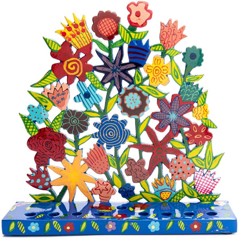 Yair Emanuel Floral Pattern Menorah in Bright Colors in Painted Metal