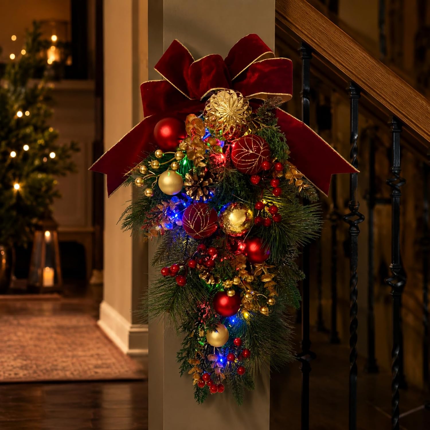 Svndlyn Lighted Red Gold Christmas Teardrop Swag with 20 LEDs and Timer