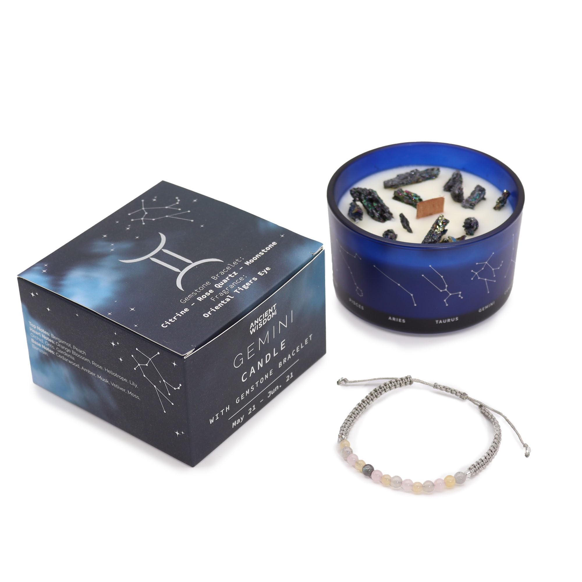 Zodiac Candle with Natural Stones and Semi-Precious Stones Bracelet in Gift Box – Scented Candles Aromatherapy – Original Gift to Connect with the Horoscope Sign (Geminis)