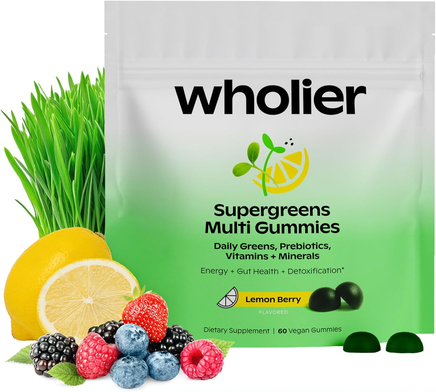 wholier Supergreens Multi Gummies, Daily Greens with Prebiotics, Fiber, Adaptogens, Plant-Based Multivitamin with 9 Essential Vitamins + Minerals, 1g Sugar, 2 Gummy Serving (60 Gummies, 30 Day Supply)
