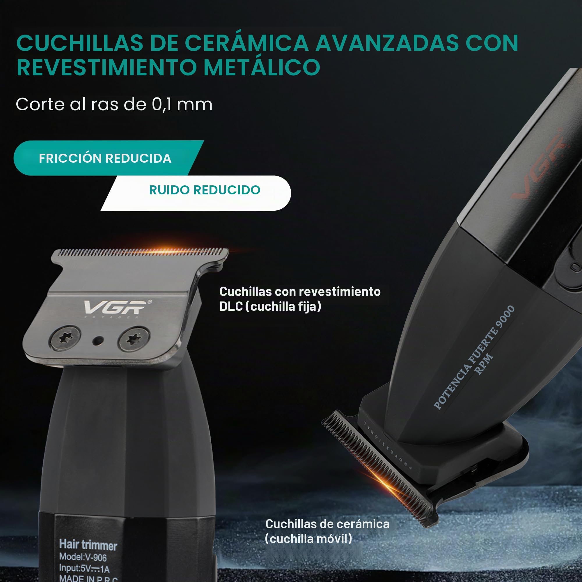 VGR Recortadora de pelo para hombre, inalámbrica, profesional, barbero, 9000 rpm, eléctrica, USB-C, recargable, batería de 240 minutos, DLC y cuchillas de cerámica para detalles de barba de precisión,