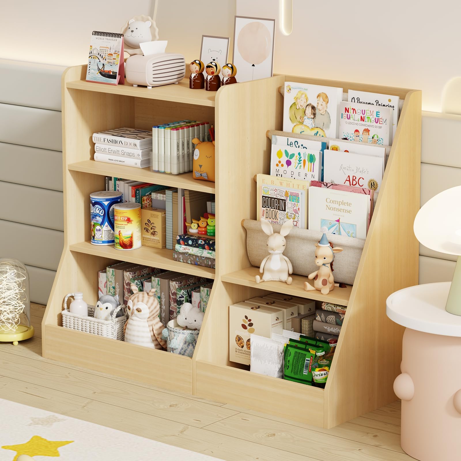 39" Large Kids Wooden Bookshelf and Toy Storage Organizer, Baby Bookcase with Sling Book Rack, Children Toddler Wooden Book Shelf for kids rooms, Playroom, Classroom, Nursery, School (Natural)