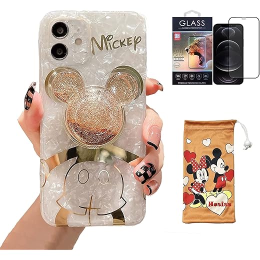 Hosiss Cartoon Case for iPhone 13 Pro Max 6.7'' with HD Screen Protector, Mickey Mouse with Quicksand Cell Phone Holder Strap Soft TPU Shockproof Protective for Girls Women
