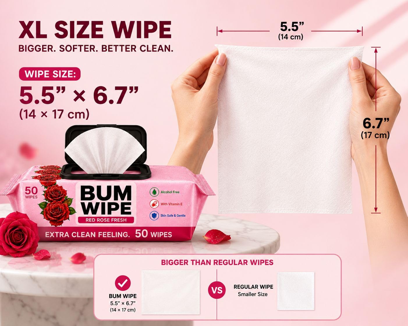 BUTT WIPES FOR ADULTS – Toilet Wet Wipes for Butt & Bottom Cleaning, Rose Scent, Soft & Gentle,50 Wipes